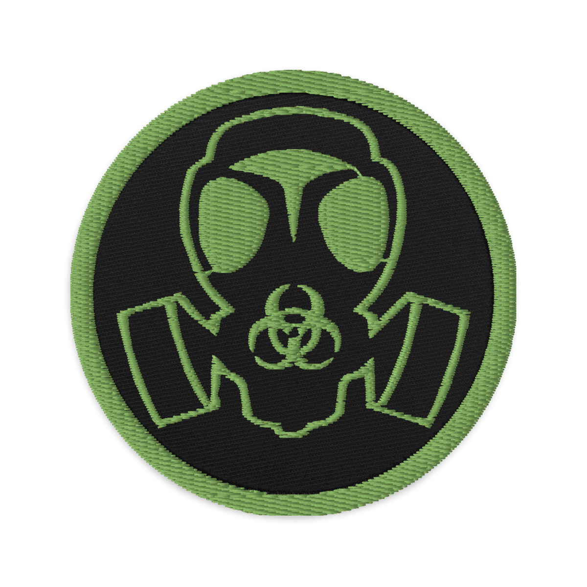 Circular embroidered patch featuring Green Bio Hazard Gas Mask, front view