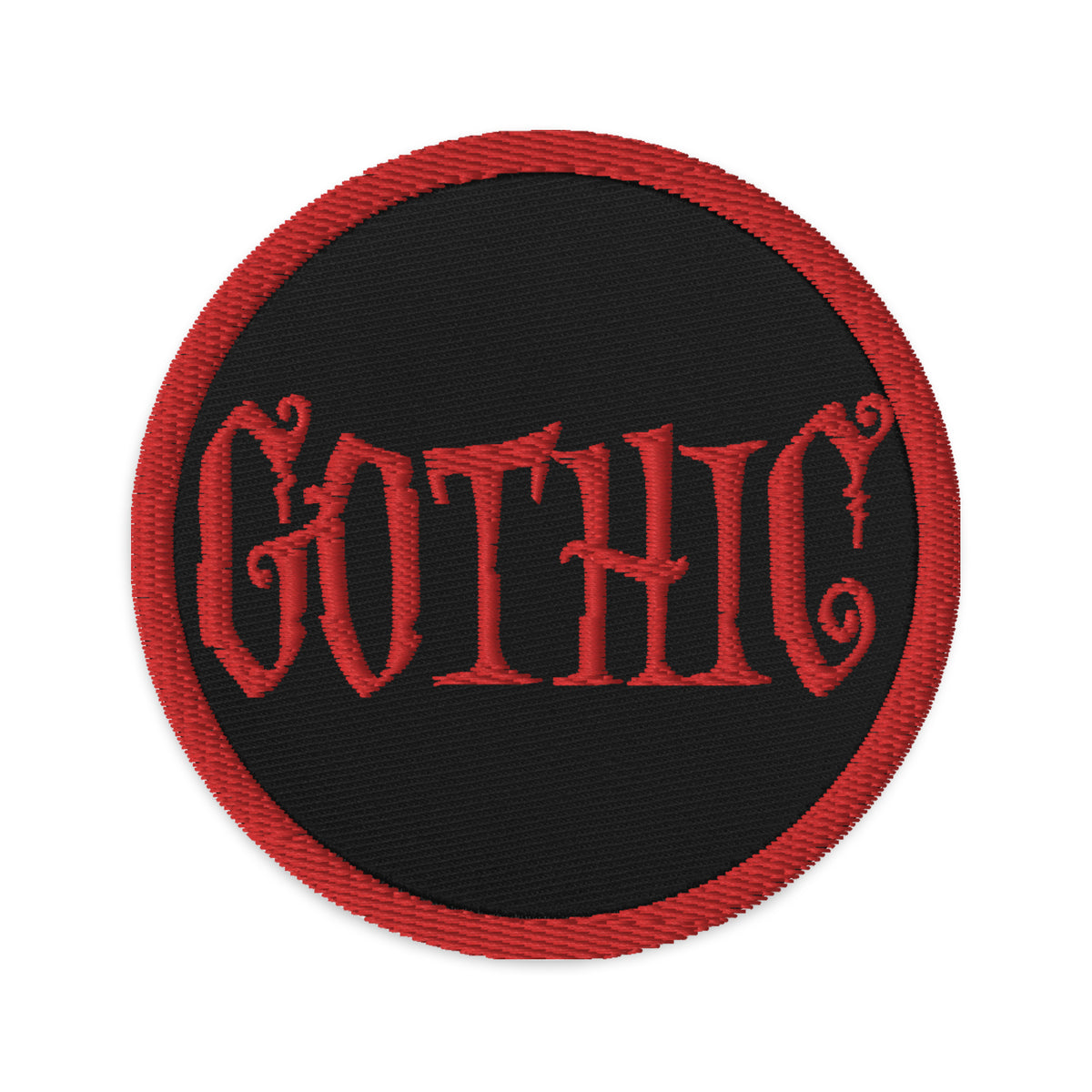 Circular embroidered patch featuring Red Gothic Dramatic Style, front view