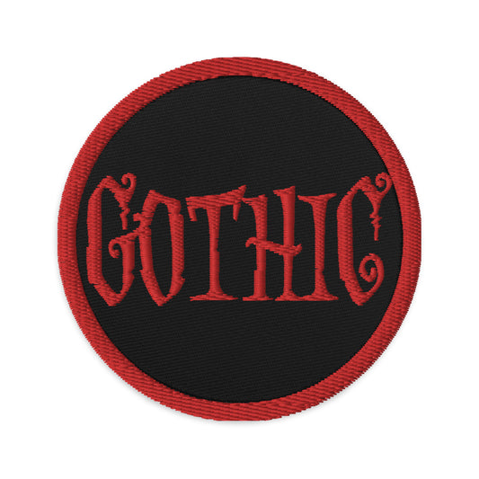 Circular embroidered patch featuring Red Gothic Dramatic Style, front view