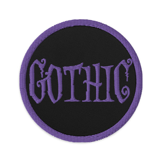 Circular embroidered patch featuring Purple Gothic Dramatic Style, front view