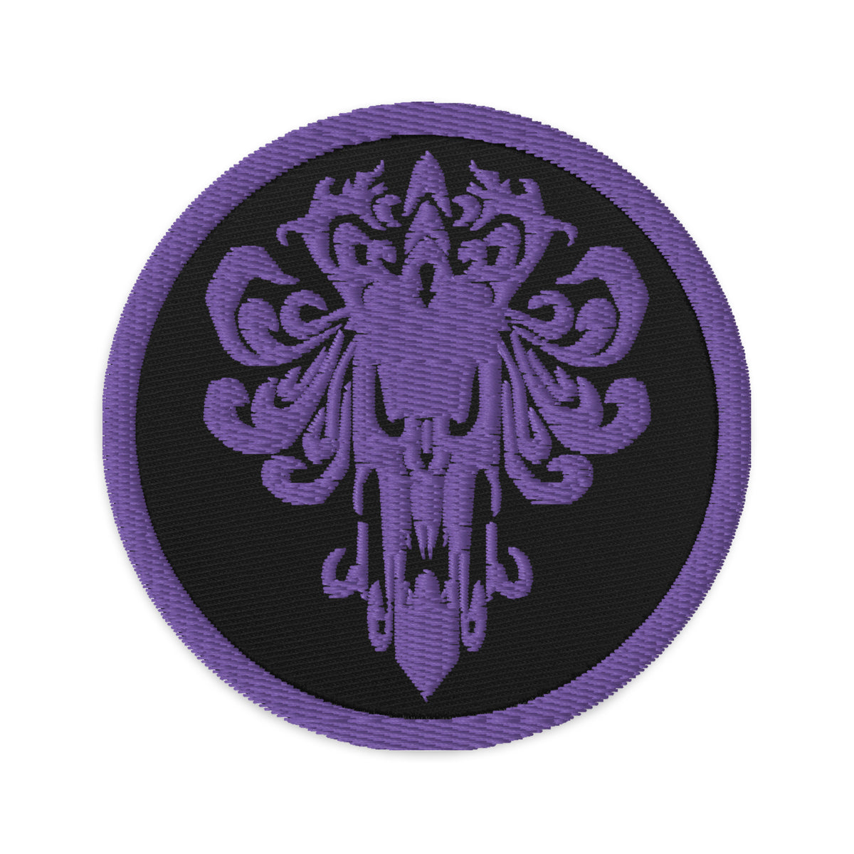 Circular embroidered patch featuring Purple Haunted Mansion Demon Wallpaper, front view