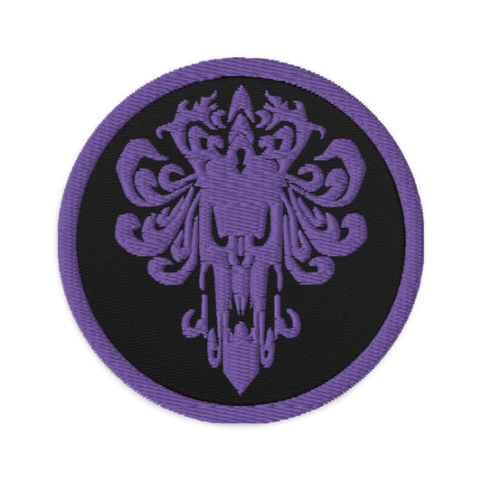 Circular embroidered patch featuring Purple Haunted Mansion Demon Wallpaper, front view