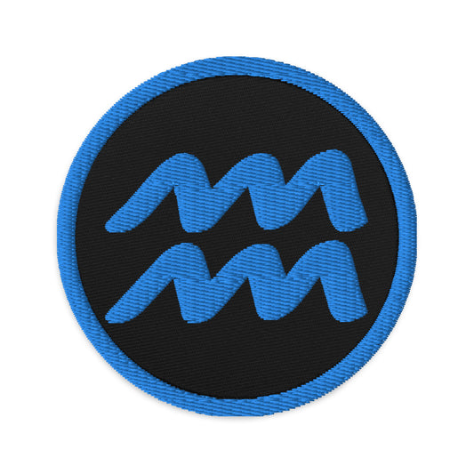 Circular embroidered patch featuring Blue Zodiac Sign Aquarius, front view