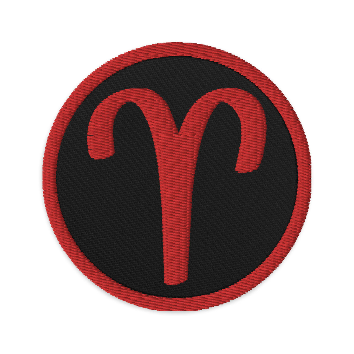 Circular embroidered patch featuring Red Zodiac Sign Aries, front view