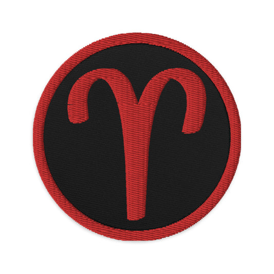 Circular embroidered patch featuring Red Zodiac Sign Aries, front view