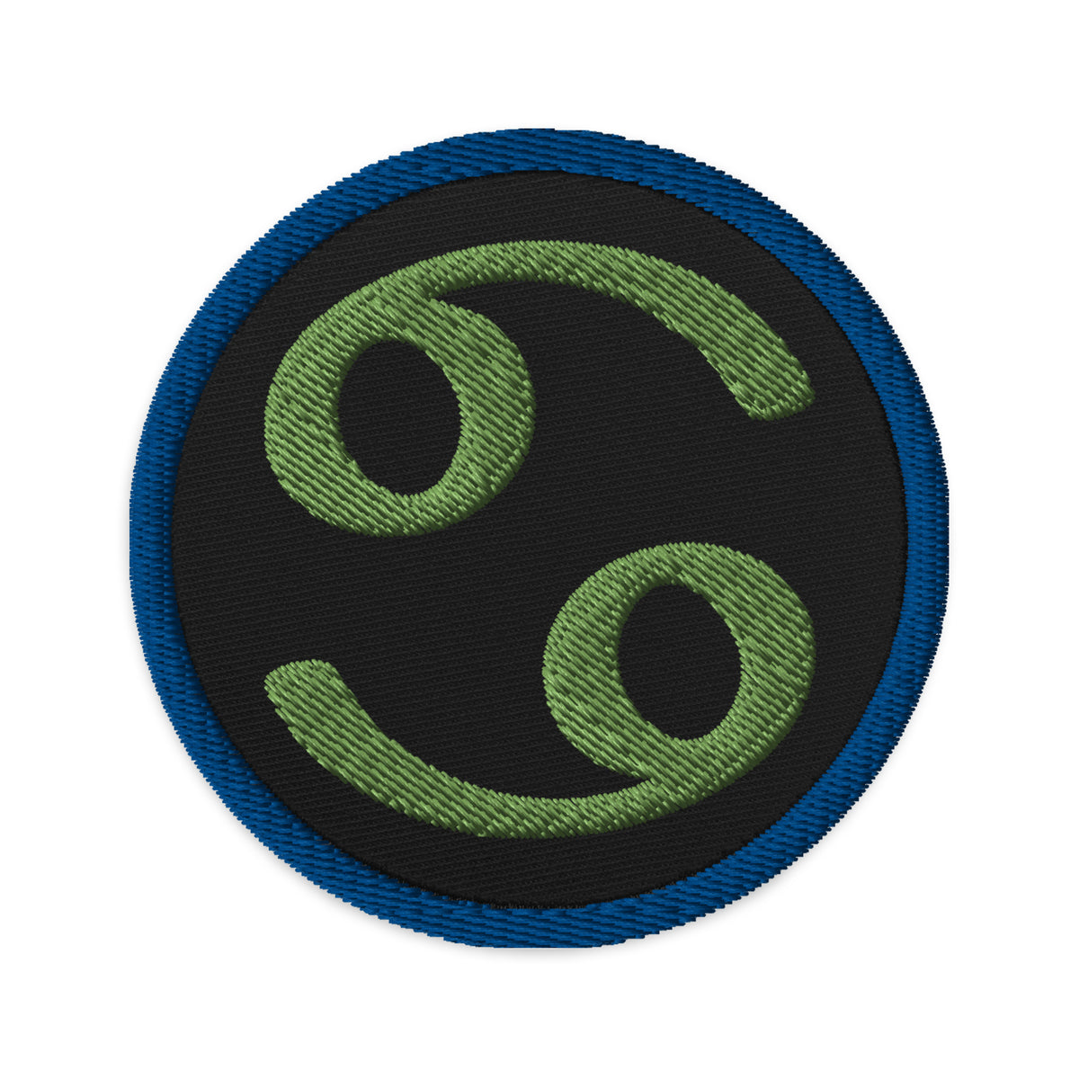 Circular embroidered patch featuring Green Zodiac Sign Cancer, front view