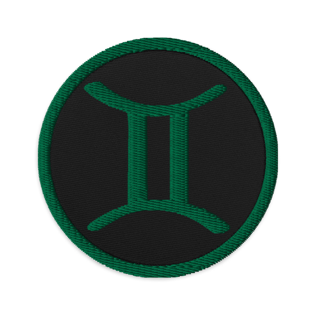 Circular embroidered patch featuring Green Zodiac Sign Gemini, front view