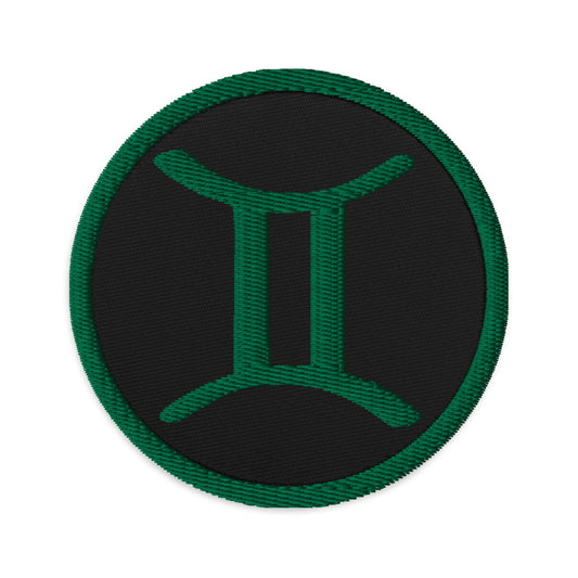 Circular embroidered patch featuring Green Zodiac Sign Gemini, front view