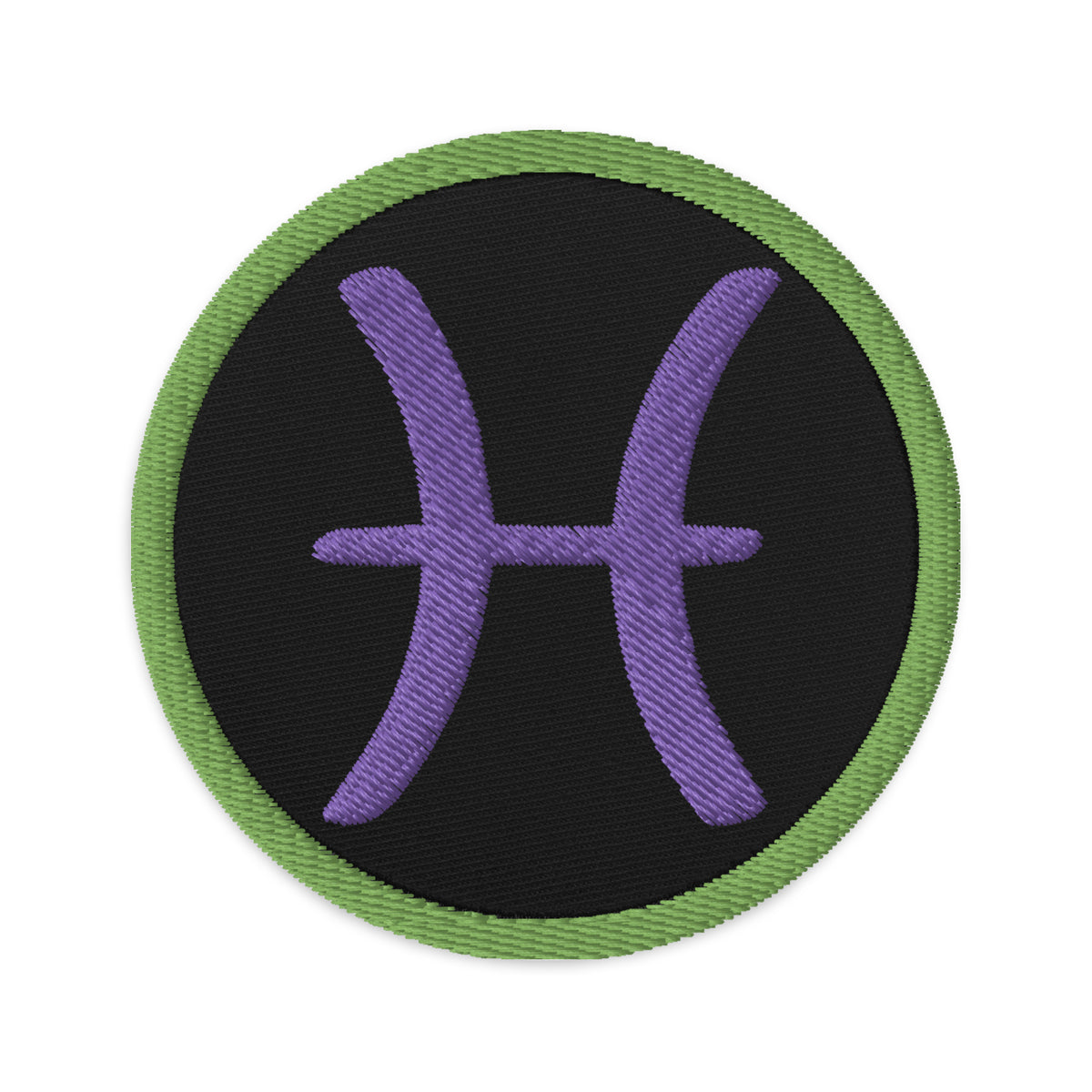 Circular embroidered patch featuring Green Zodiac Sign Pisces, front view
