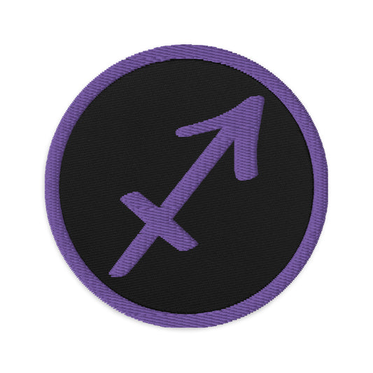 Circular embroidered patch featuring Purple Zodiac Sign Sagittarius, front view