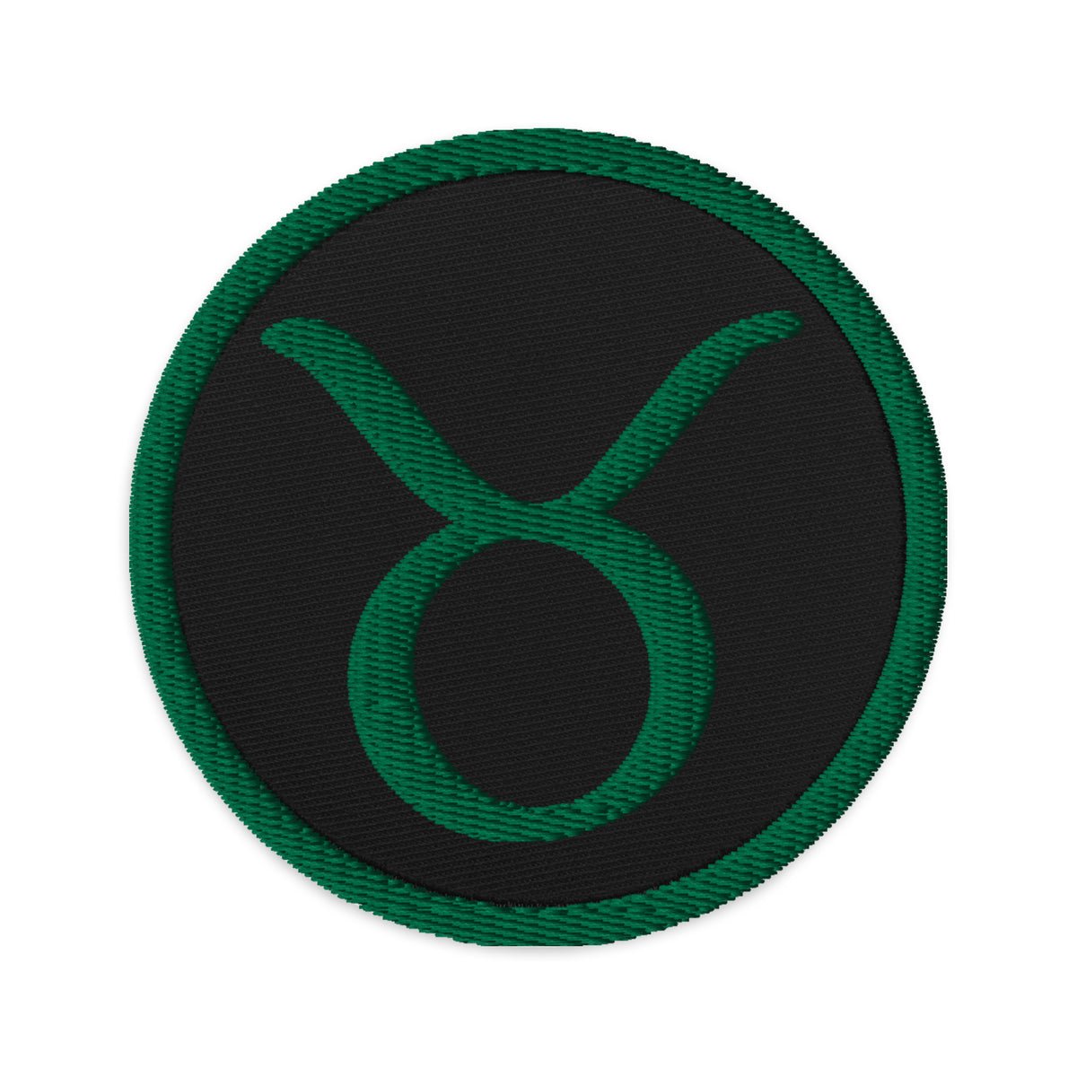 Circular embroidered patch featuring Green Zodiac Sign Taurus, front view