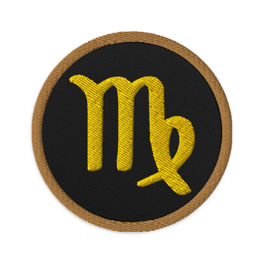 Circular embroidered patch featuring Brown Zodiac Sign Virgo, front view