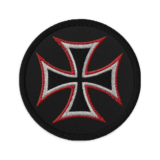 Circular embroidered patch featuring White WWII Style Iron Cross, front view
