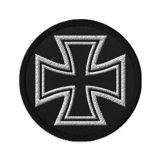 Circular embroidered patch featuring White Iron Cross World War II Style, front view