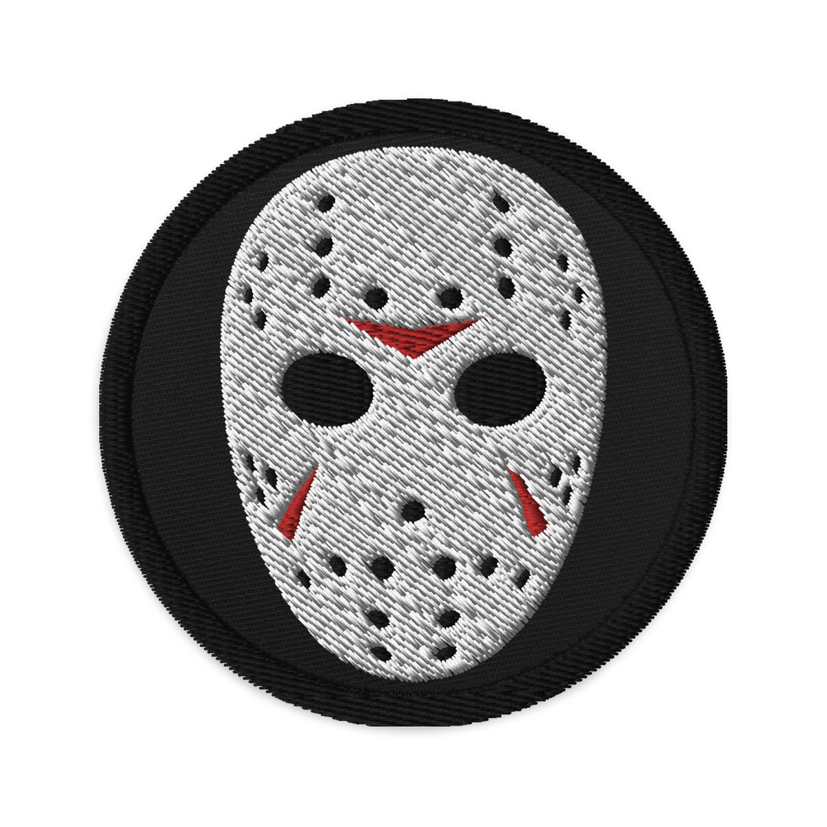 Circular embroidered patch featuring Horror Hockey Mask Jason Voorhees, front view