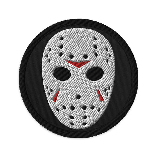 Circular embroidered patch featuring Horror Hockey Mask Jason Voorhees, front view