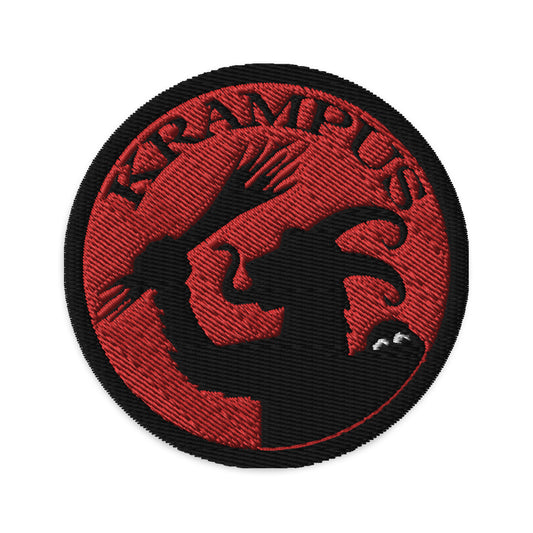 Circular embroidered patch featuring Horned Krampus, front view