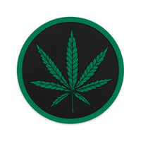 Circular embroidered patch featuring Cannabis Pot Leaf Marijuana, front view