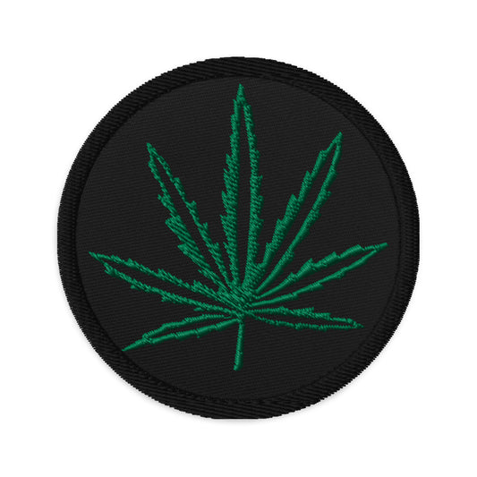 Circular embroidered patch featuring Legalize Marijuana Cannabis Pot Leaf, front view
