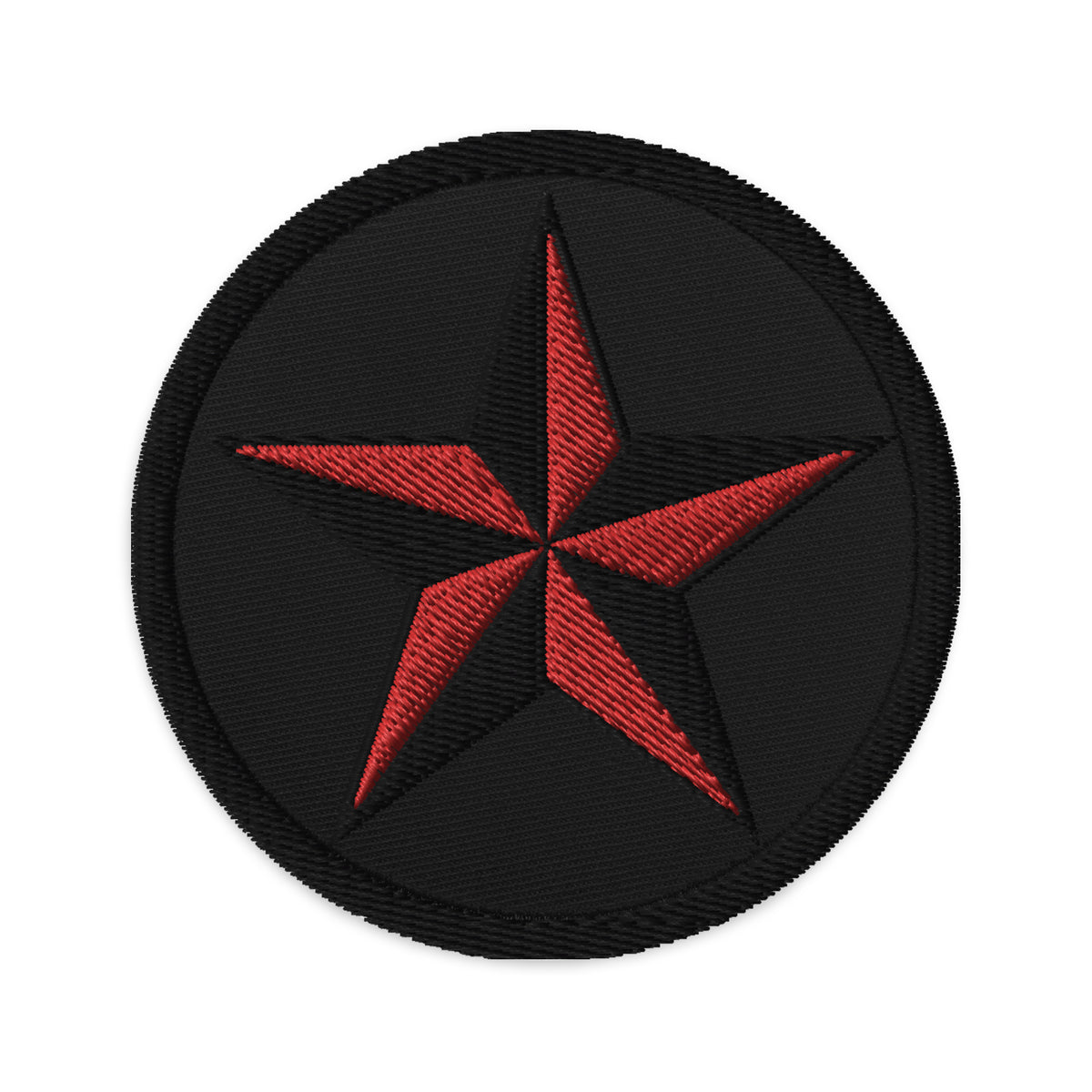 Circular embroidered patch featuring Black Nautical Star North Star, front view