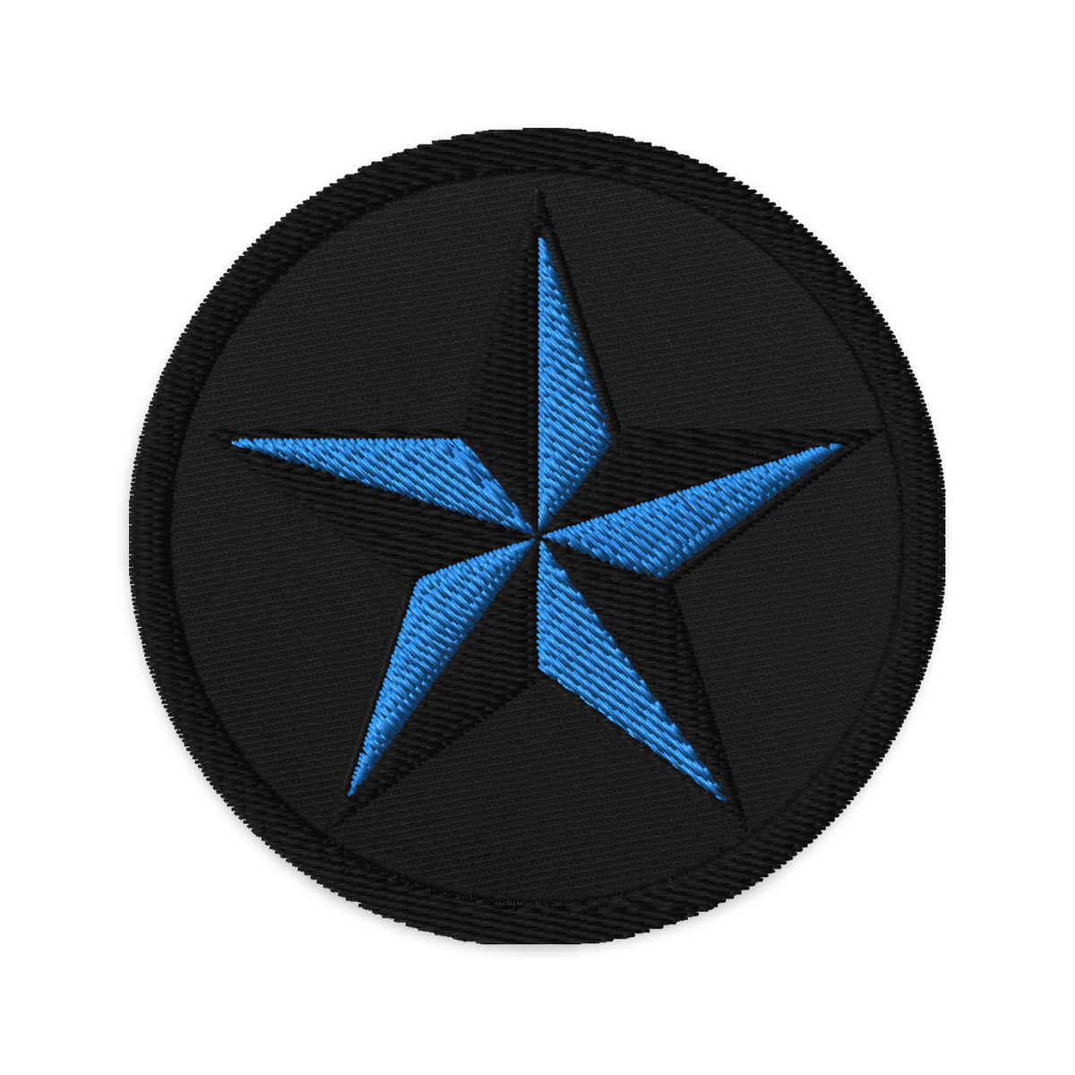 Circular embroidered patch featuring Black Nautical Star North Star, front view
