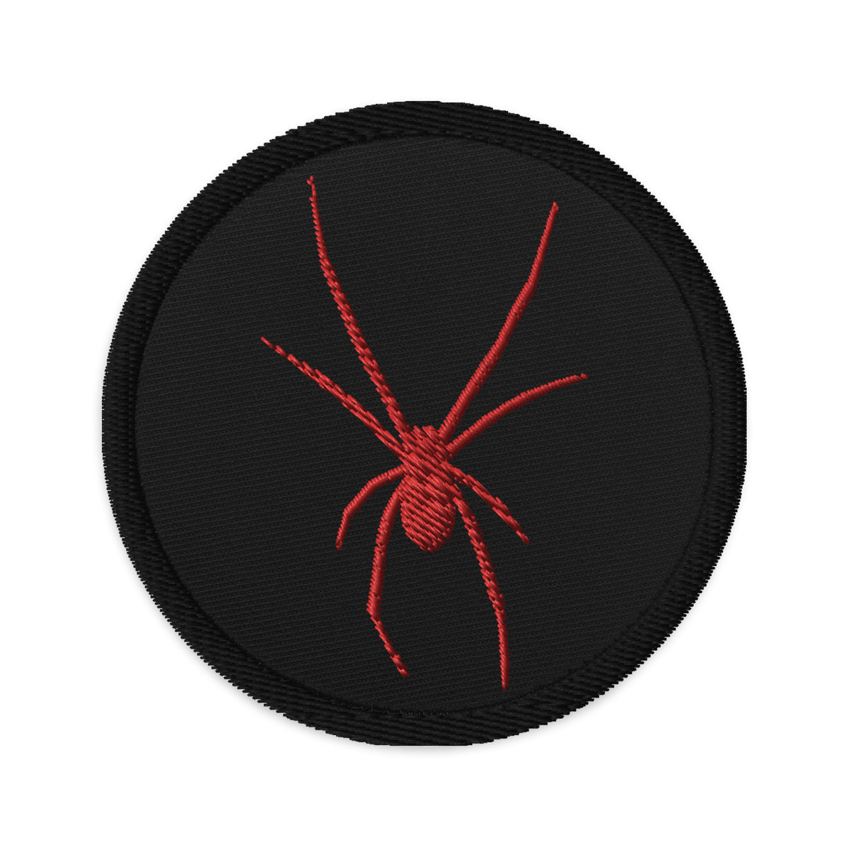 Circular embroidered patch featuring Red Arachnid Creepy Black Widow Spider, front view