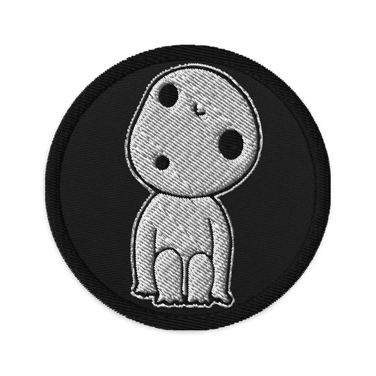 Circular embroidered patch featuring Single Kodama Tree Forest Spirit, front view