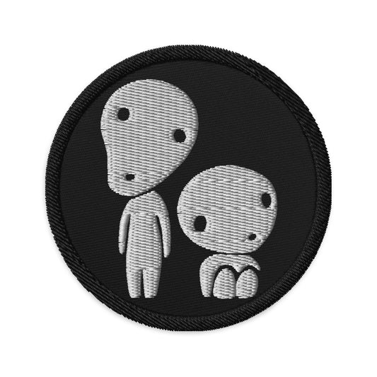 Circular embroidered patch featuring Kodama Forest Spirits Tree Spirit, front view