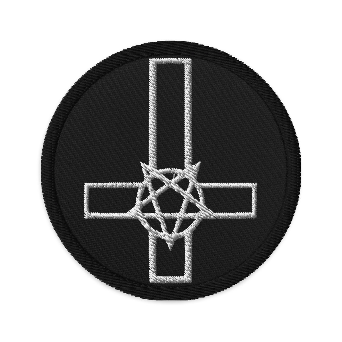 Circular embroidered patch featuring Pentacross Inverted Pentagram Cross, front view