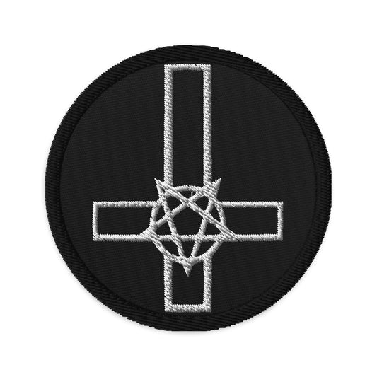 Circular embroidered patch featuring Pentacross Inverted Pentagram Cross, front view