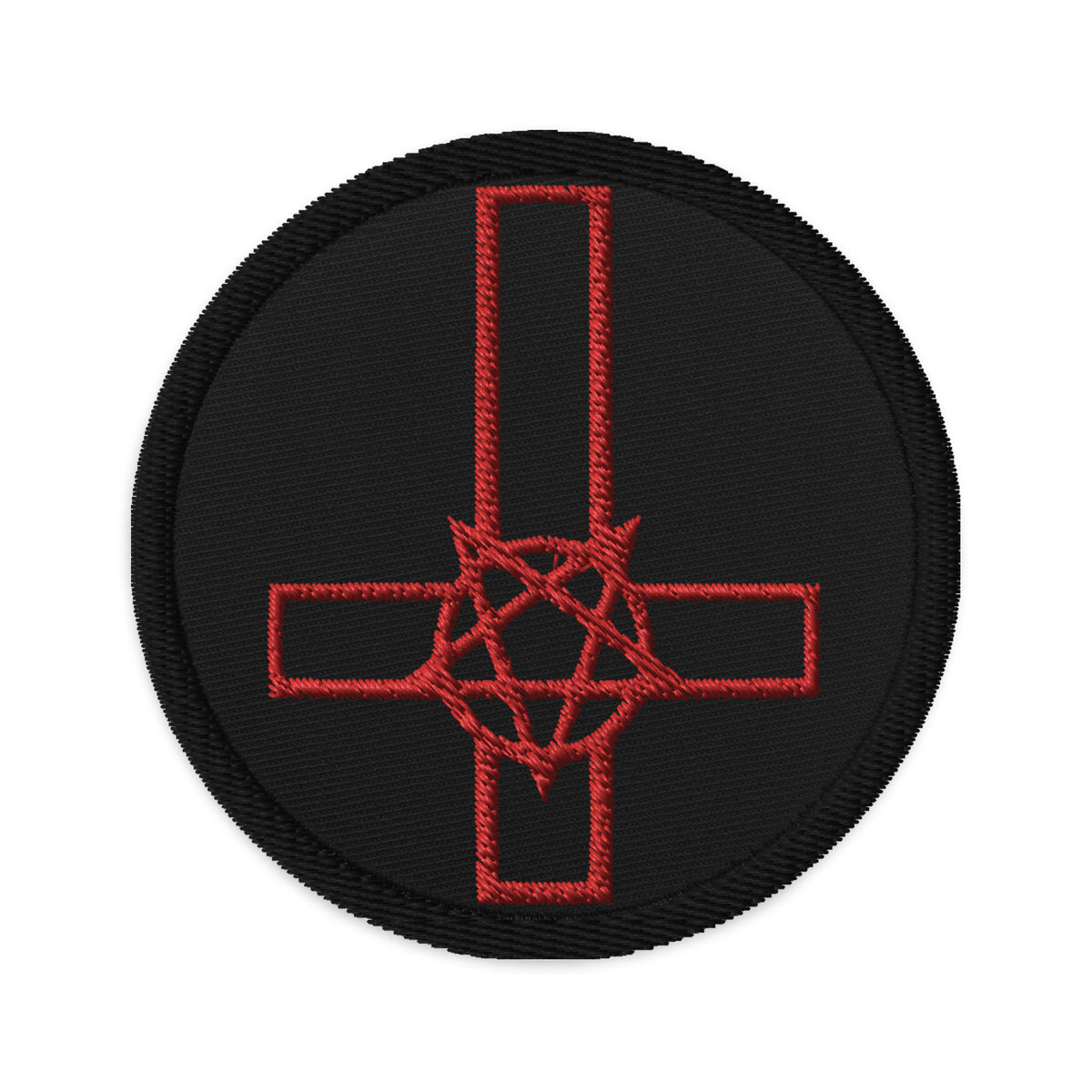 Circular embroidered patch featuring Red Pentacross Inverted Pentagram Cross, front view