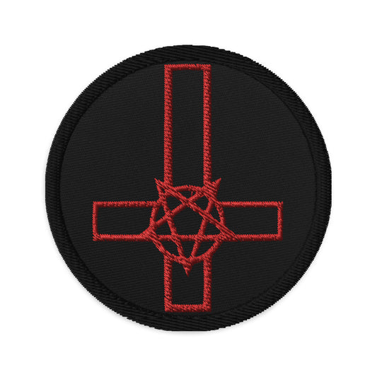 Circular embroidered patch featuring Red Pentacross Inverted Pentagram Cross, front view