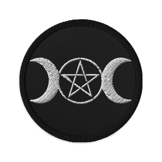 Circular embroidered patch featuring Pagan Triple Moon Goddess Symbol, front view