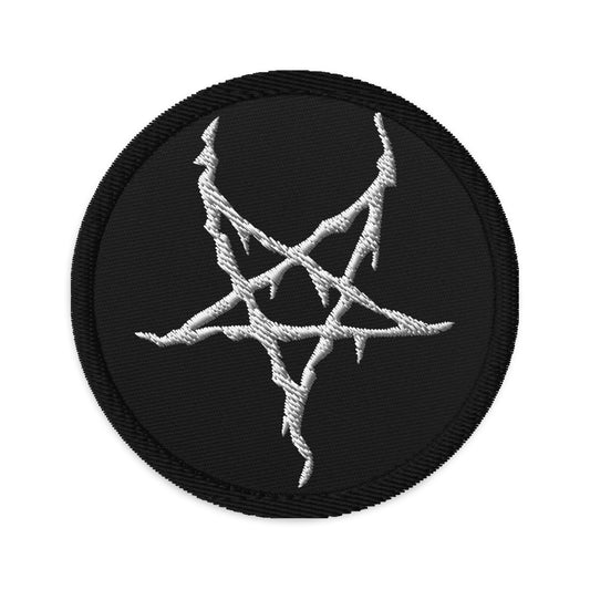 Circular embroidered patch featuring Black Metal Style Inverted Pentagram, front view