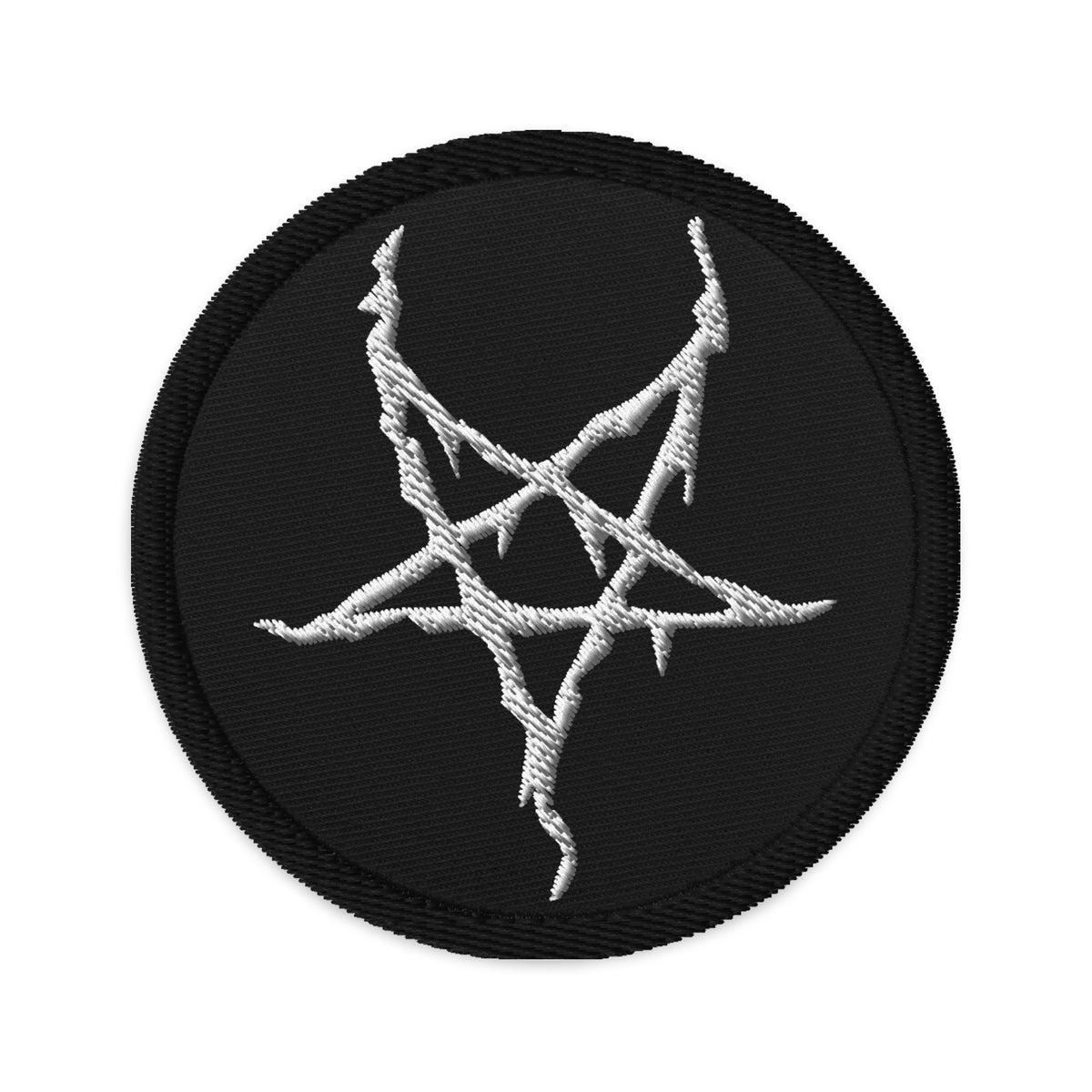 Circular embroidered patch featuring Black Metal Style Inverted Pentagram, front view