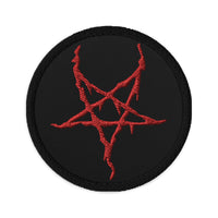 Circular embroidered patch featuring Black Metal Style Inverted Pentagram, front view