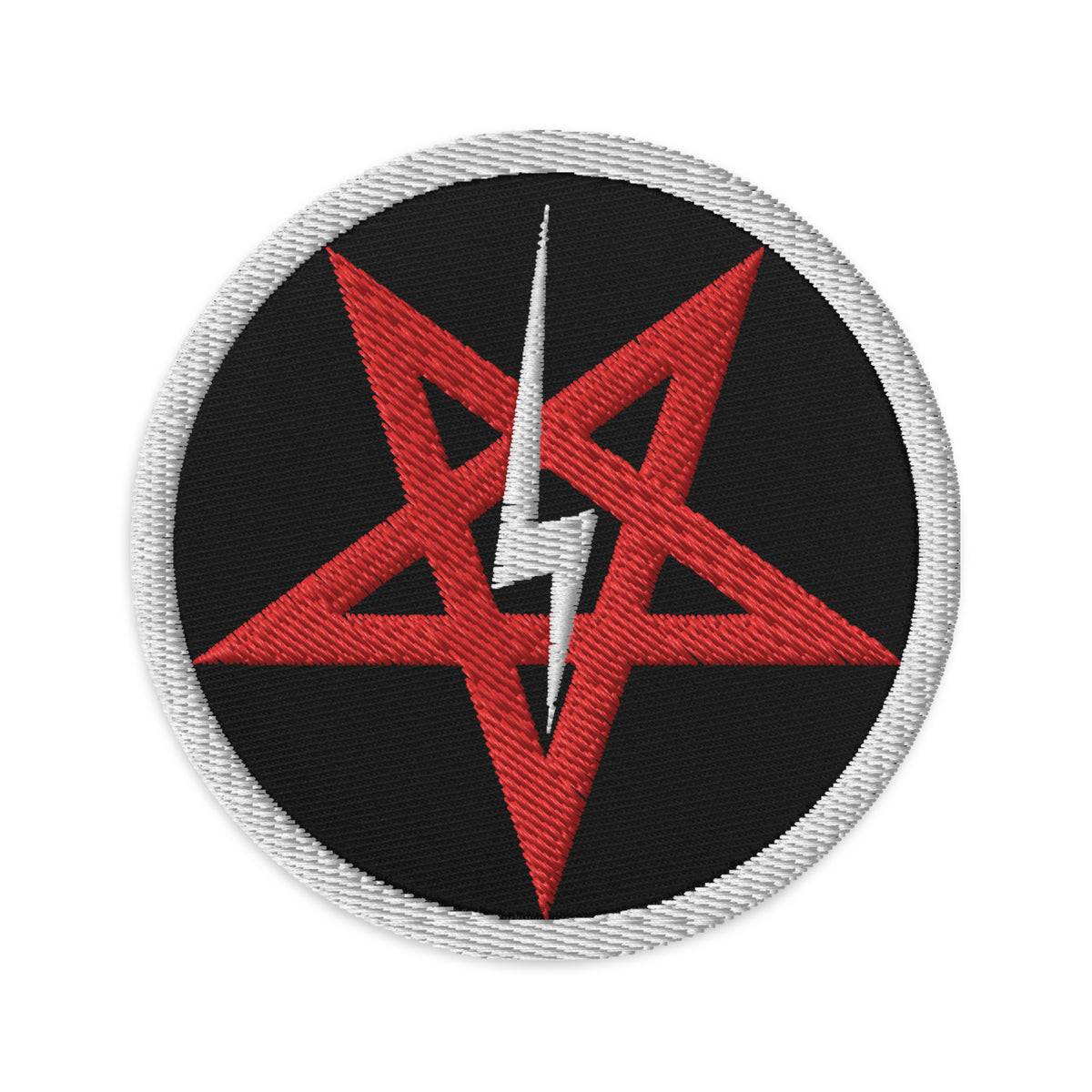Circular embroidered patch featuring Lightning Bolt Inverted Pentagram, front view