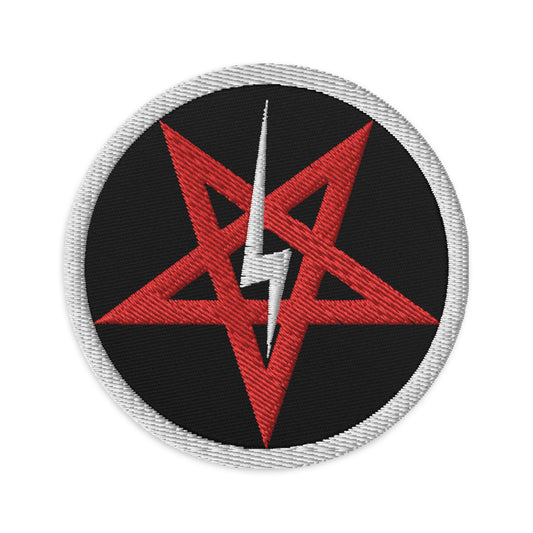 Circular embroidered patch featuring Lightning Bolt Inverted Pentagram, front view