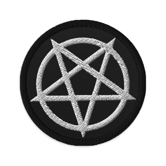 Circular embroidered patch featuring Inverted Pentagram, front view