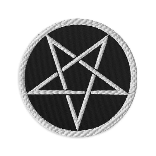 Circular embroidered patch featuring Woven Inverted Pentagram Symbol, front view
