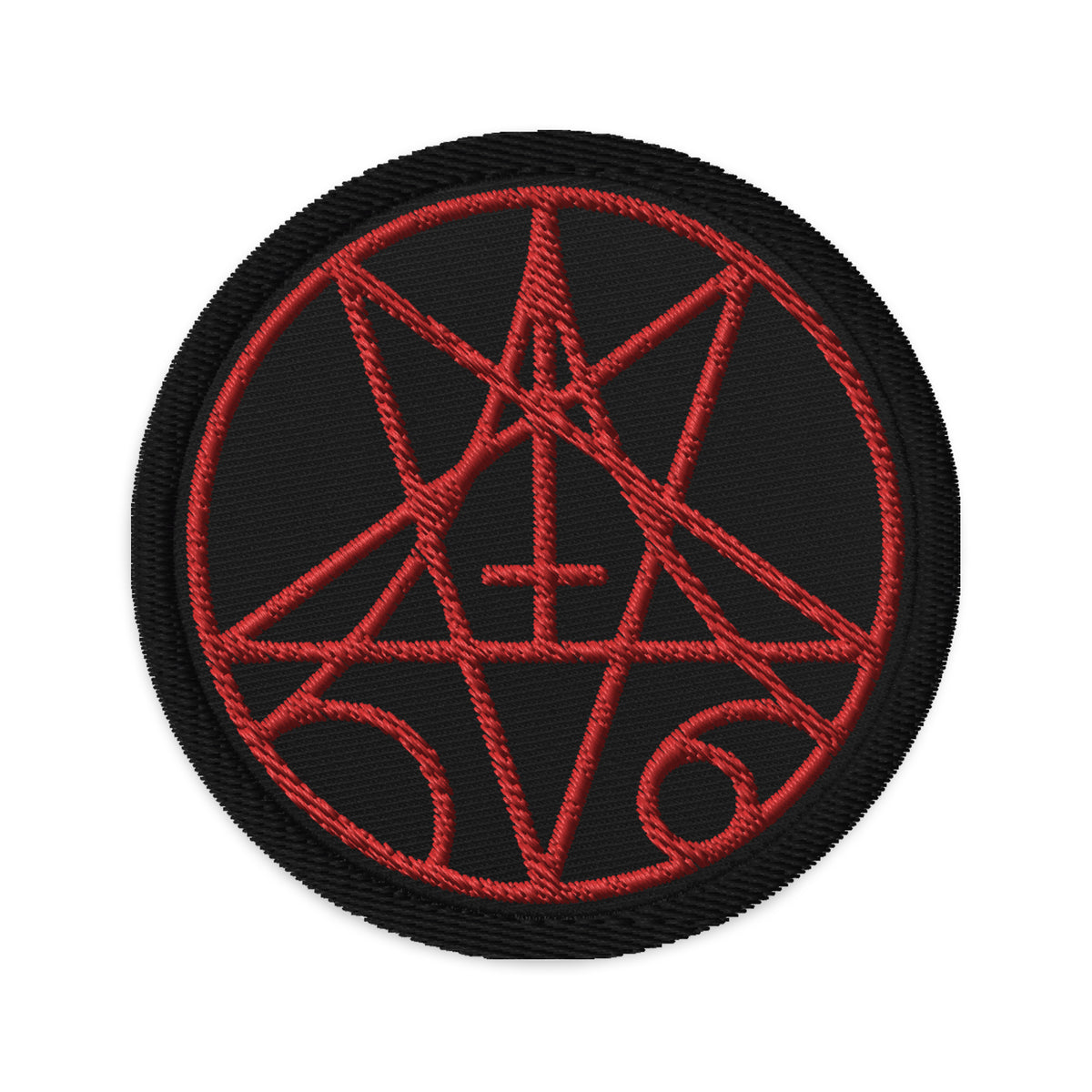 Circular embroidered patch featuring Morbid Death Metal Inverted Pentagram, front view