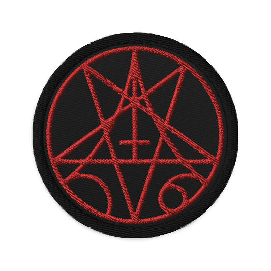 Circular embroidered patch featuring Morbid Death Metal Inverted Pentagram, front view