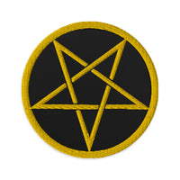 Circular embroidered patch featuring Woven Inverted Pentagram Symbol, front view