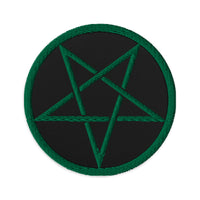 Circular embroidered patch featuring Woven Inverted Pentagram Symbol, front view