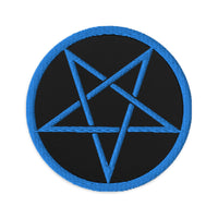 Circular embroidered patch featuring Woven Inverted Pentagram Symbol, front view