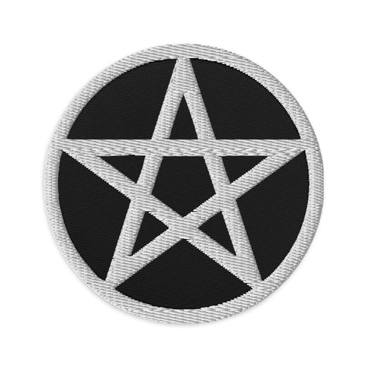 Circular embroidered patch featuring Wiccan Witchcraft Pentagram, front view
