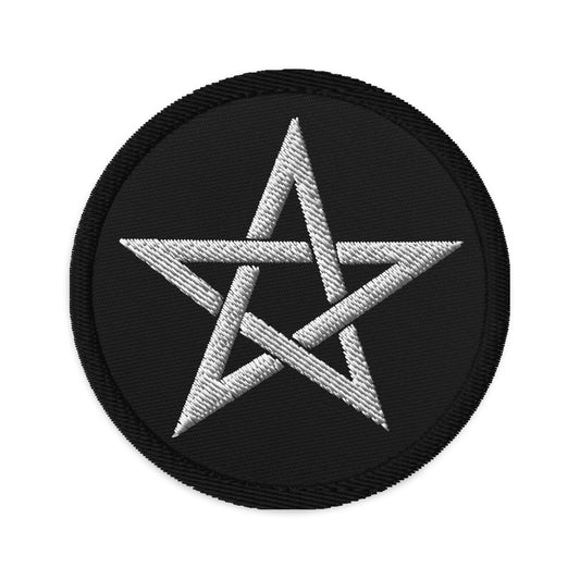 Circular embroidered patch featuring Wiccan Woven Pentagram Symbol, front view