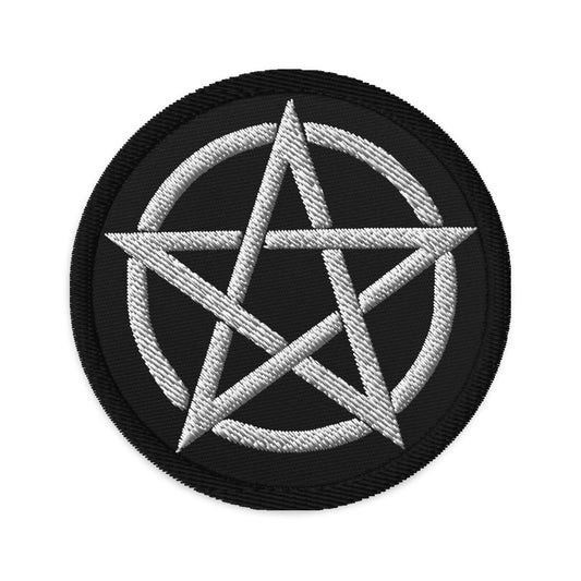 Circular embroidered patch featuring Witchcraft Woven Pentacle Pagan Ritual, front view