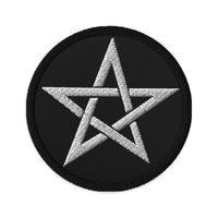 Circular embroidered patch featuring Wiccan Woven Pentagram Symbol, front view