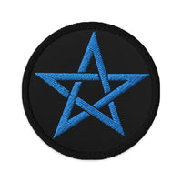 Circular embroidered patch featuring Wiccan Woven Pentagram Symbol, front view
